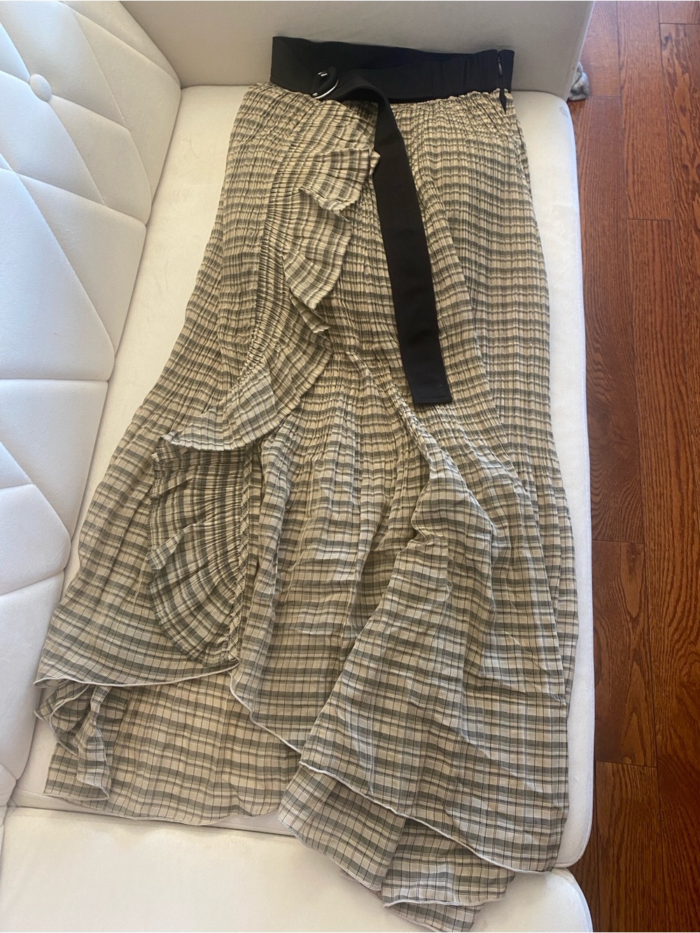 Woven Plaid Ruffle Maxi Skirt in Beige with Black Waistband